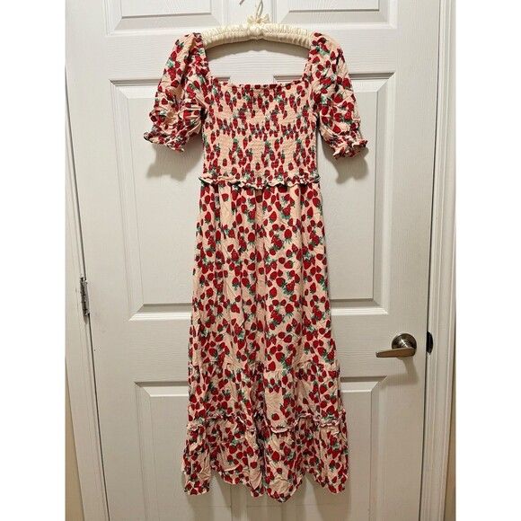 Betsey Johnson Dress XS Strawberry Fields Smocked Maxi Tiered Red Pink Cottage - Picture 1 of 11